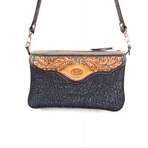 Clutch/Cross Body With Hand Tooled Accents - Black