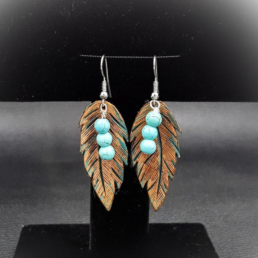 Natural Leather Feather Earring With Color and Bead Accent