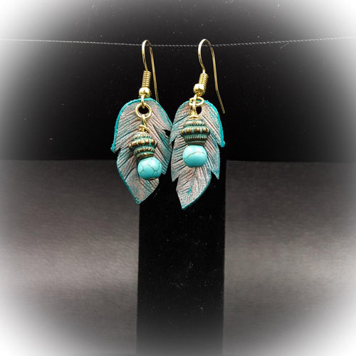 Small Leather Feather Earring With Bead Accent