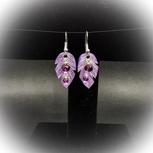 Small Leather Feather Earring With Purple Bead Accent