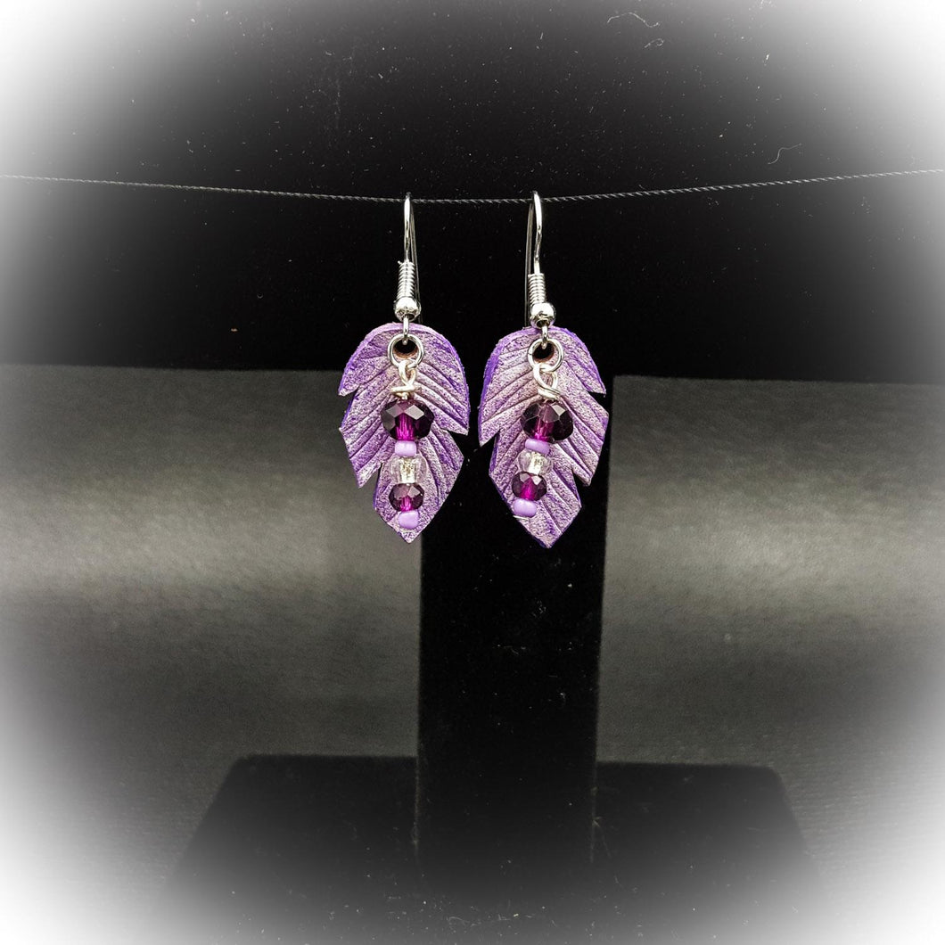 Small Leather Feather Earring With Purple Bead Accent
