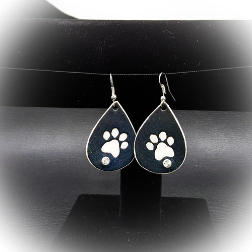 Leather Tear Drop Earring With Paw Print and Swarovski Crystal